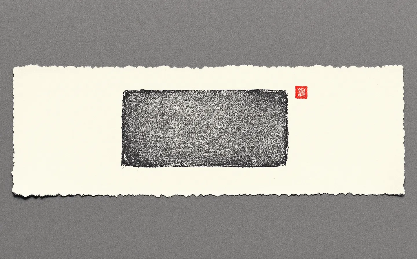 Editorial printer's-block stamp on cream paper with brick-red revision hairline