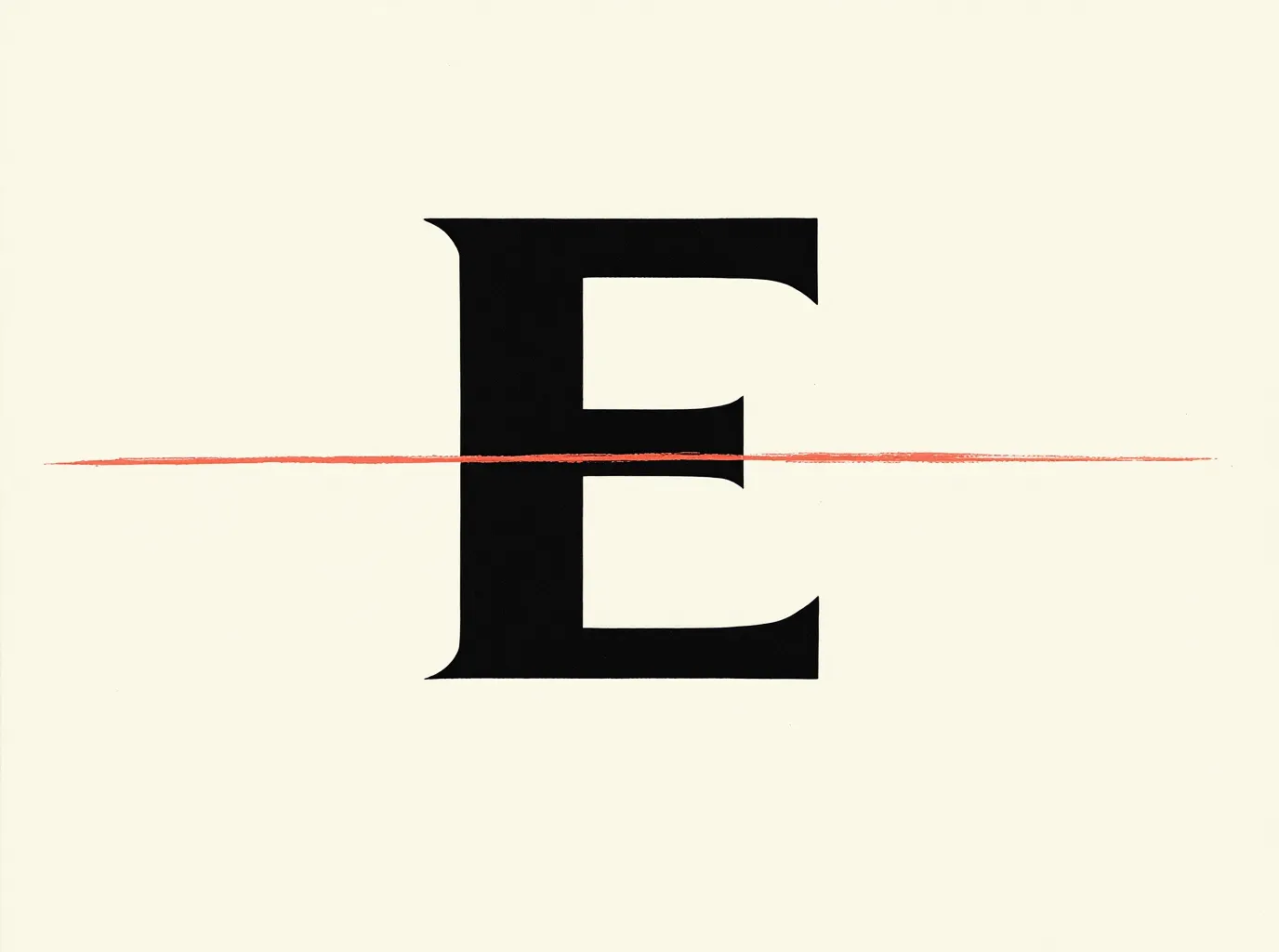 Oversized typographic E in deep ink bleeding off the frame on cream paper