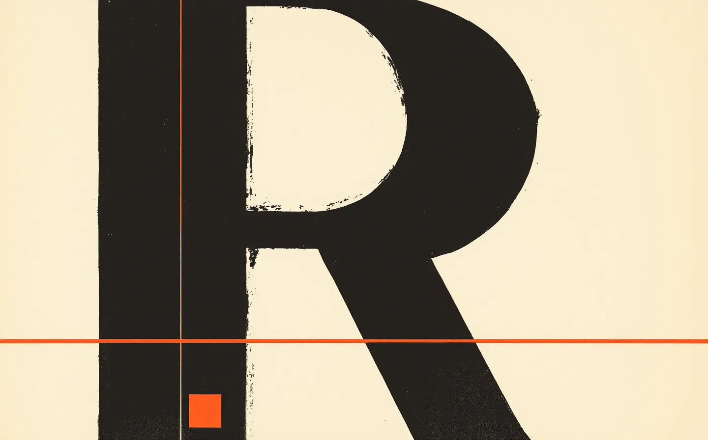Oversized typographic R in deep ink on cream paper with a brick-red registration hairline